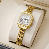 Montre femme carrée dorée avec cadran blanc et strass, chiffres romains