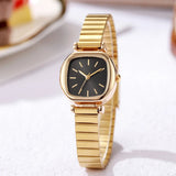 Montre quartz femme dorée, cadran carré noir, bracelet acier inoxydable fin