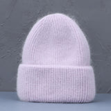 Bonnet Hiver Femme en Fourrure de Lapin Tricoté Chaud Style Minimaliste