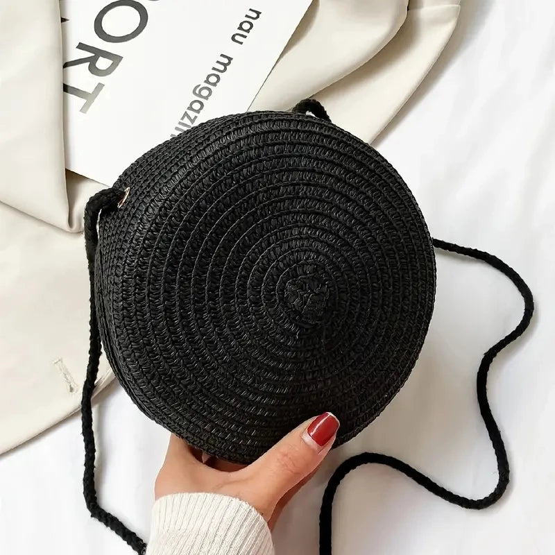 Sac d'été en paille tressée pour femmes - Sac bandoulière rond