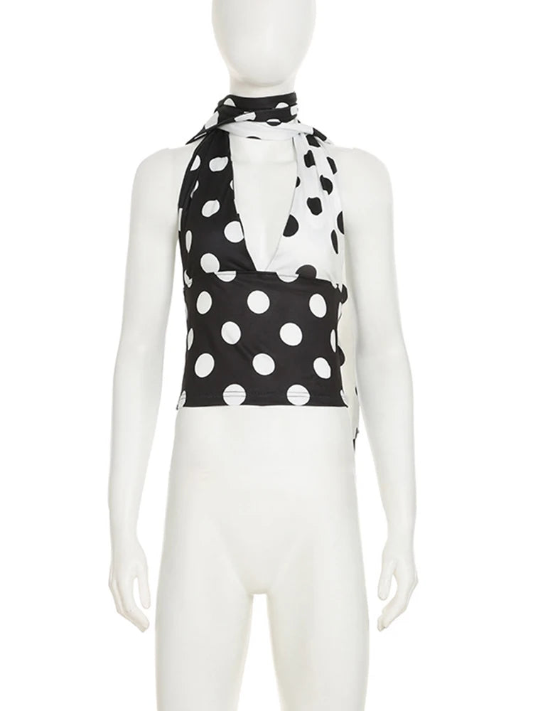 Débardeur Court Sexy à Pois Contrastés avec Écharpe Croisée