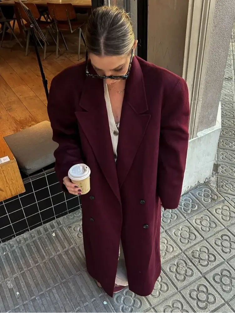 Manteau oversize bordeaux à double boutonnage