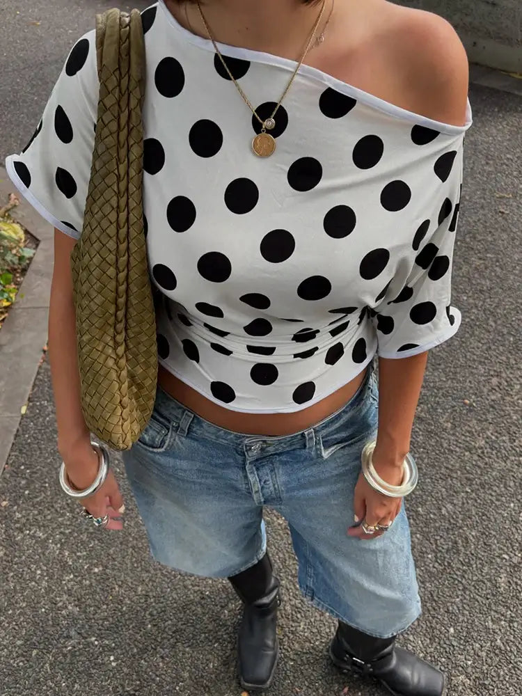 Women's one-shoulder polka dot print T-shirt