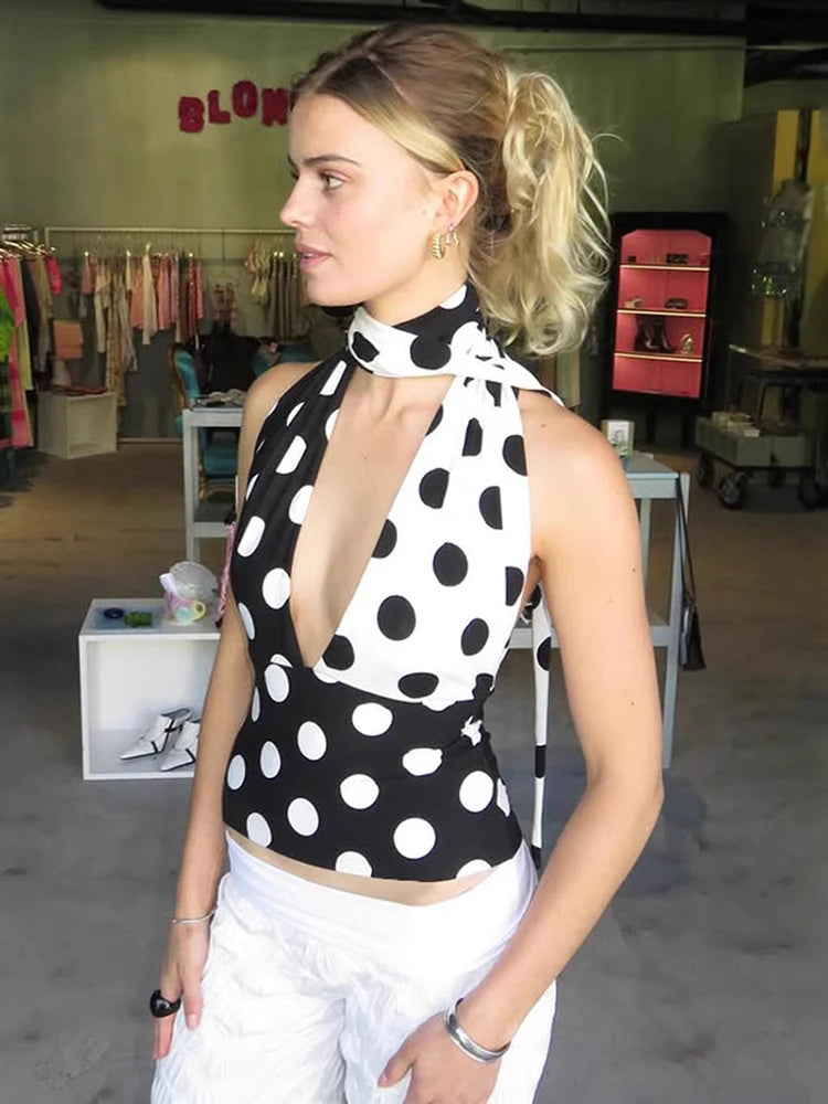 Débardeur Court Sexy à Pois Contrastés avec Écharpe Croisée