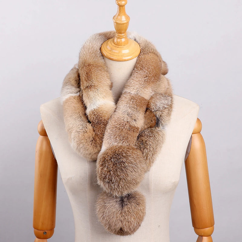 Écharpe Femme en Fourrure de Lapin Véritable Style Hiver avec Pompons Chauds