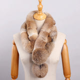 Écharpe Femme en Fourrure de Lapin Véritable Style Hiver avec Pompons Chauds