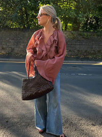 Blouse Oversize Élégante à Volants Manches Évasées pour Femme