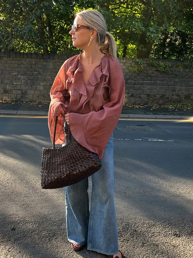 Blouse Oversize Élégante à Volants Manches Évasées pour Femme