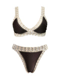 Bikini bohème au crochet noir et beige, vue avant