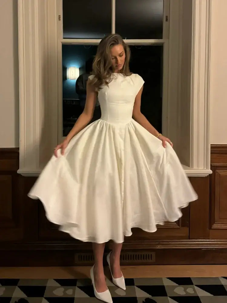 Robe de Soirée Plissée Blanche A-ligne à Grand Ourlet