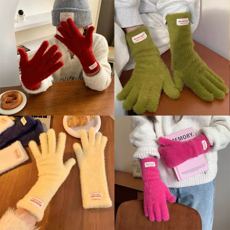 Gants D’Hiver Femme Tricotés Chauds en Velours Longs Tactiles Extérieurs