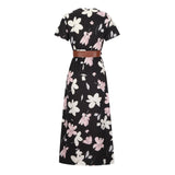 Robe longue fleurie noire à plat avec ceinture marron, vue de dos