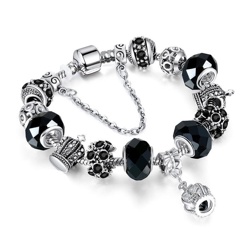 Bracelet argenté avec breloque en forme de couronne noire pour femmes - EMAKUJITIA