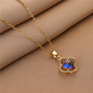 Chaîne pendentif en cristal de zircon bleu quatre feuilles - EMAKUJITIA