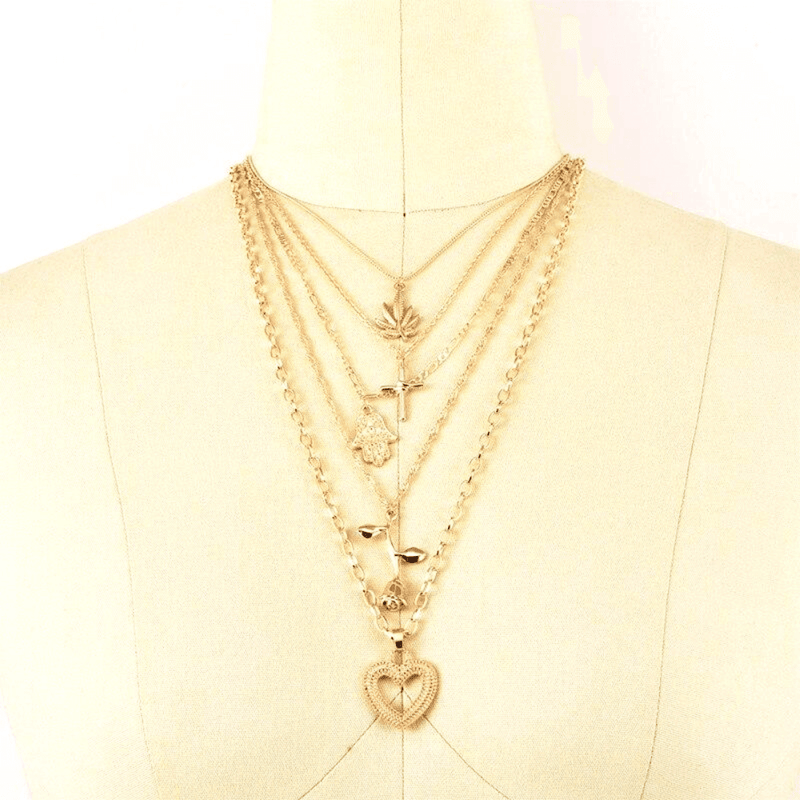 Collier bohème multicouche avec pendentif en forme de feuille - EMAKUJITIA