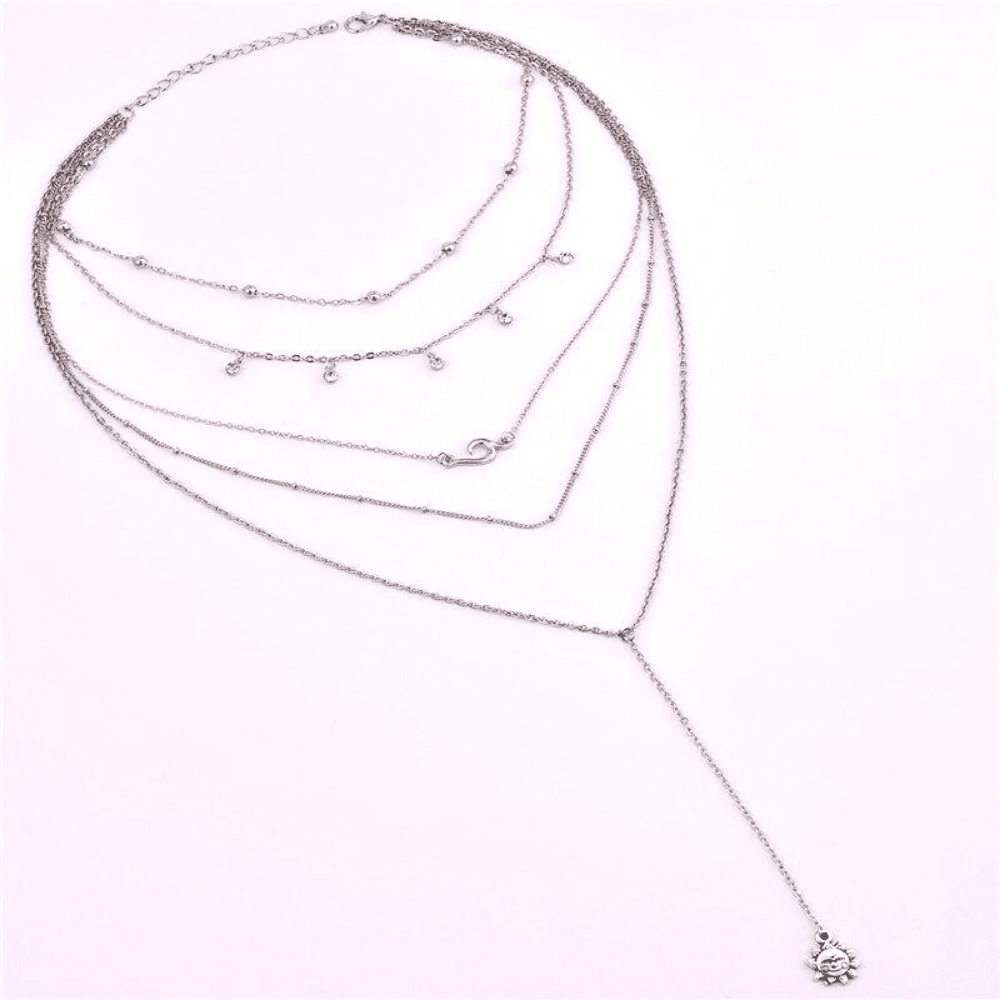 Collier long multicouche argenté avec pendentif - EMAKUJITIA