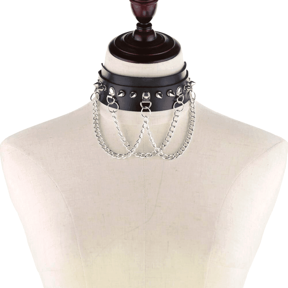 Collier ras du cou en similicuir avec pics et chaînes en alliage pour femmes - EMAKUJITIA