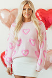 Pull Femme Coupe Ample Manches Bouffantes Motif Cœur Rose en Coton Doux