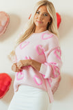 Pull Femme Coupe Ample Manches Bouffantes Motif Cœur Rose en Coton Doux