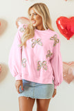 Sweatshirt Oversize Rose Clair en Coton avec Broderie Nœud et Manches Lanterne