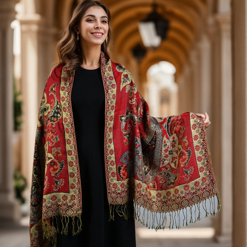 Foulard Femme Style Bohème à Motif Cachemire et Franges Polyester