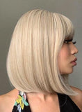 Perruque mi-longue lisse blonde avec frange - EMAKUJITIA