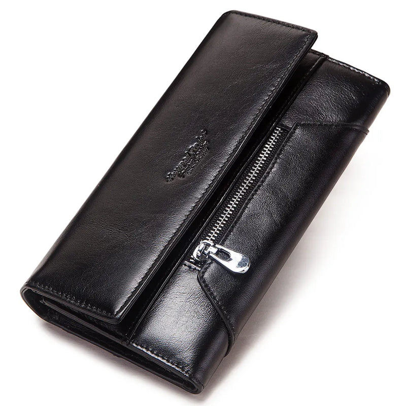 Portefeuille long femme en cuir véritable avec blocage RFID