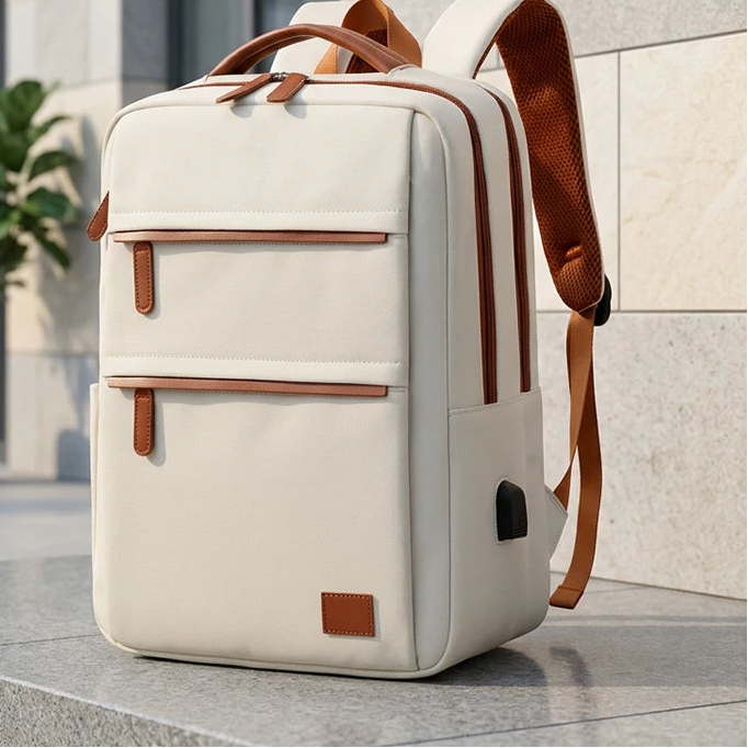 Sac à dos ordinateur portable blanc cassé avec détails marron, posé devant un immeuble moderne