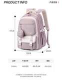 Sac à dos scolaire en nylon rose avec dimensions, poches pratiques et design unique pour enfants.