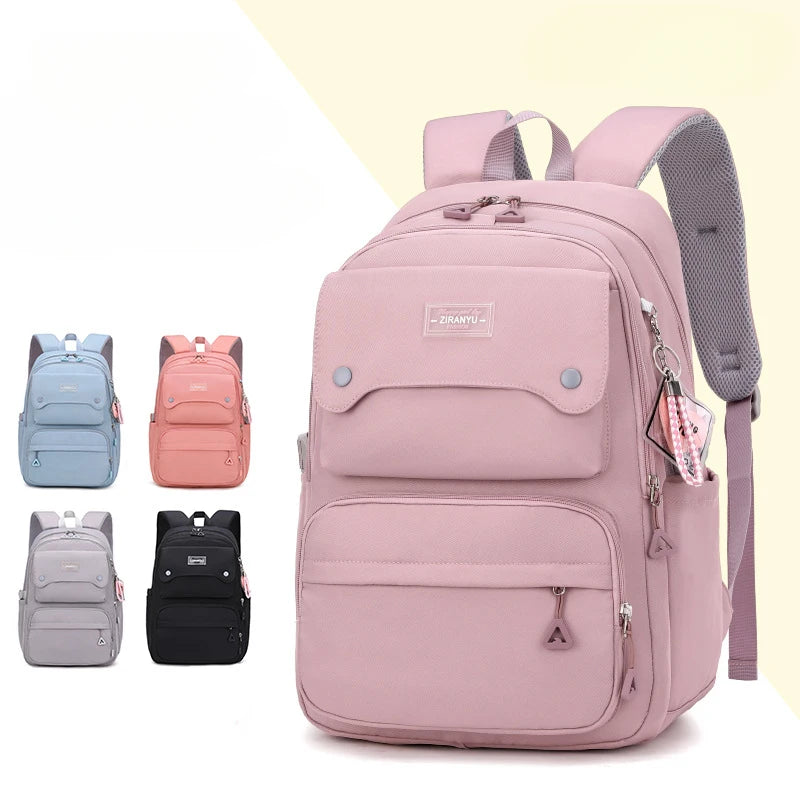 Sac à dos fille collège en nylon, design cartoon, grande capacité, bretelles réglables, disponible en plusieurs couleurs.