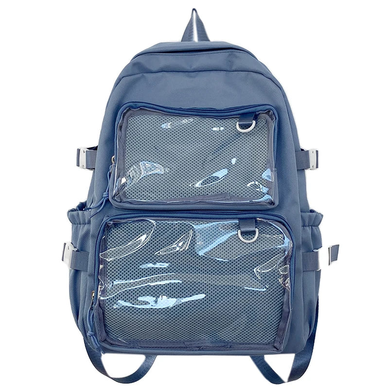 Sac à dos Ita transparent bleu marine, vue de face, montrant les poches d'affichage et les détails en maille