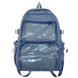 Sac à dos Ita transparent bleu marine, vue de face, montrant les poches d'affichage et les détails en maille