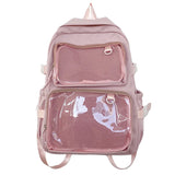 Sac à dos Ita transparent rose pâle, vue de face, soulignant ses compartiments et son allure féminine