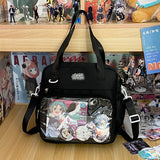 Sac bandoulière Y2K Itabag noir avec fenêtre transparente et badges d'anime