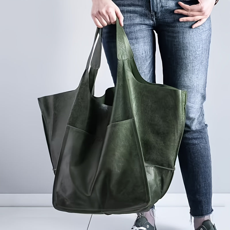 Femme tenant un sac cabas vert foncé grande capacité