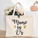 Sac fourre-tout en toile beige avec le message 'Cette Mamie appartient à' avec des cœurs