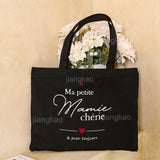 Sac fourre-tout en toile noire avec le message 'Je suis une Mamie et une Tatie'