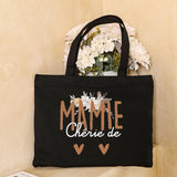 Sac fourre-tout en toile noire avec le message fleuri 'Mamie Chérie de'