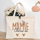 Sac fourre-tout en toile beige avec le message fleuri 'Mamie Chérie de'