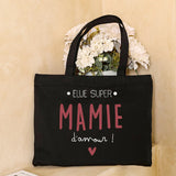 Sac fourre-tout en toile noire avec le message 'Élue Super Mamie d'amour'
