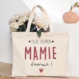 Sac fourre-tout en toile beige avec le message 'Élue Super Mamie d'amour'